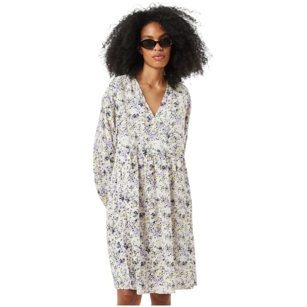 Minimum Floral Long Sleeve Mini Dress Cream Purple Black Casual Flowy Boho Style